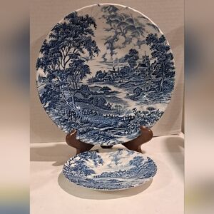 2 Ridgway Ironstone Meadowsweet Blue Plates Staffordshire England.